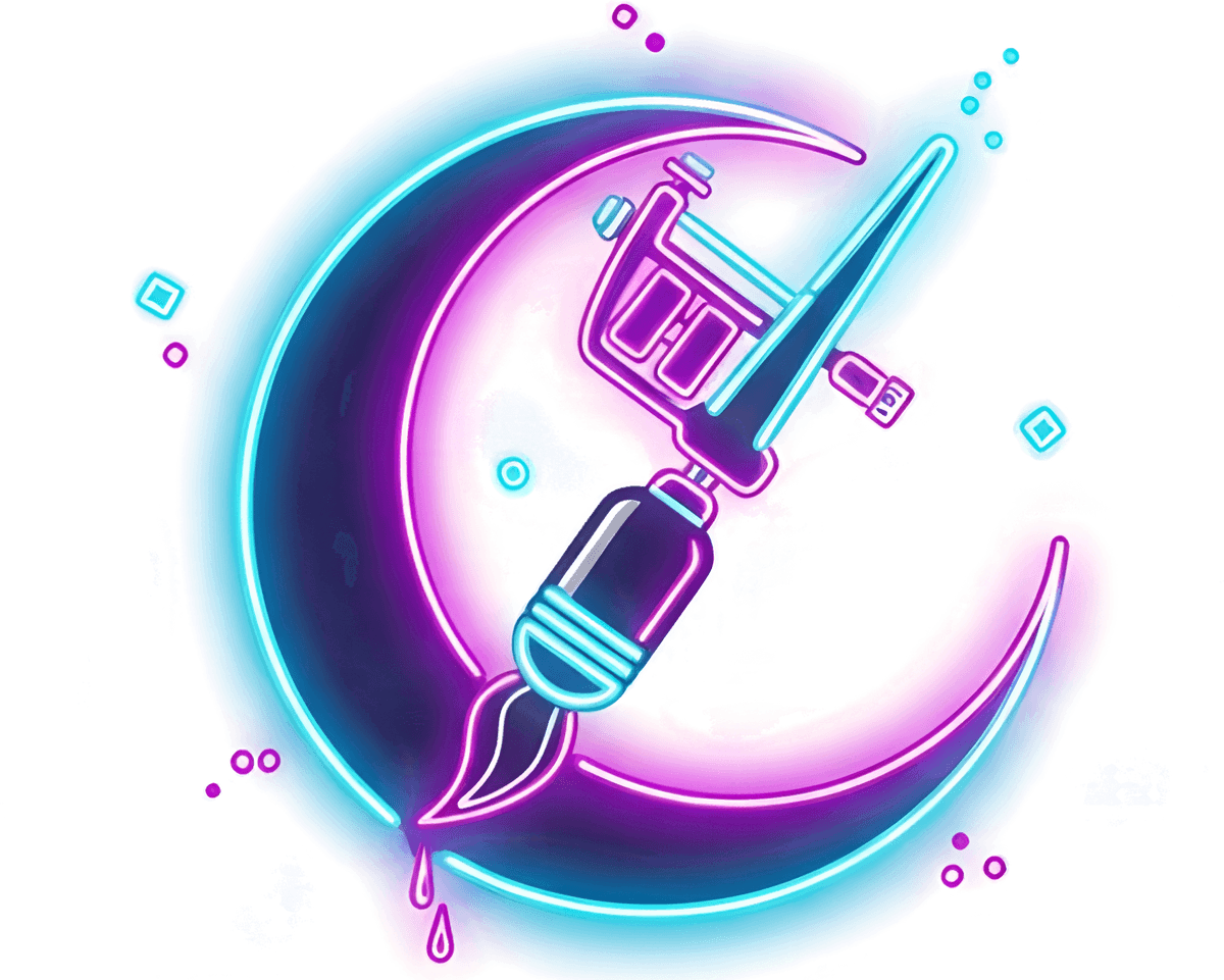 Logotipo de ArtMoon: luna creciente de neón con una máquina de tatuar y un pincel