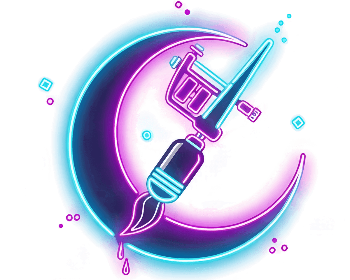 Logotipo de ArtMoon: luna creciente de neón con una máquina de tatuar y un pincel